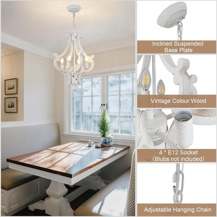 4-Light Distressed White Wooden Farmhouse Chandelier - Just Closeouts Canada Inc.