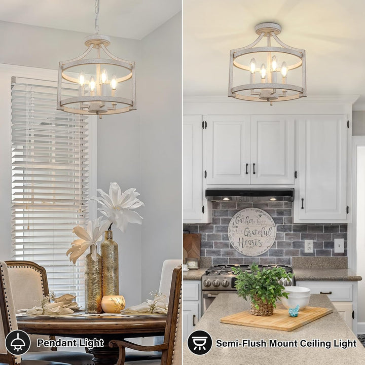 4 - Light White Chandelier Farmhouse Dining Room Light Fixtures, Metal Semi Flush Mount Ceiling Light Hanging Pendant Lighting, Distressed Chandeliers Ceiling Lights for Kitchen Foyer Entry - Just Closeouts Canada Inc.X003U7Z0SD