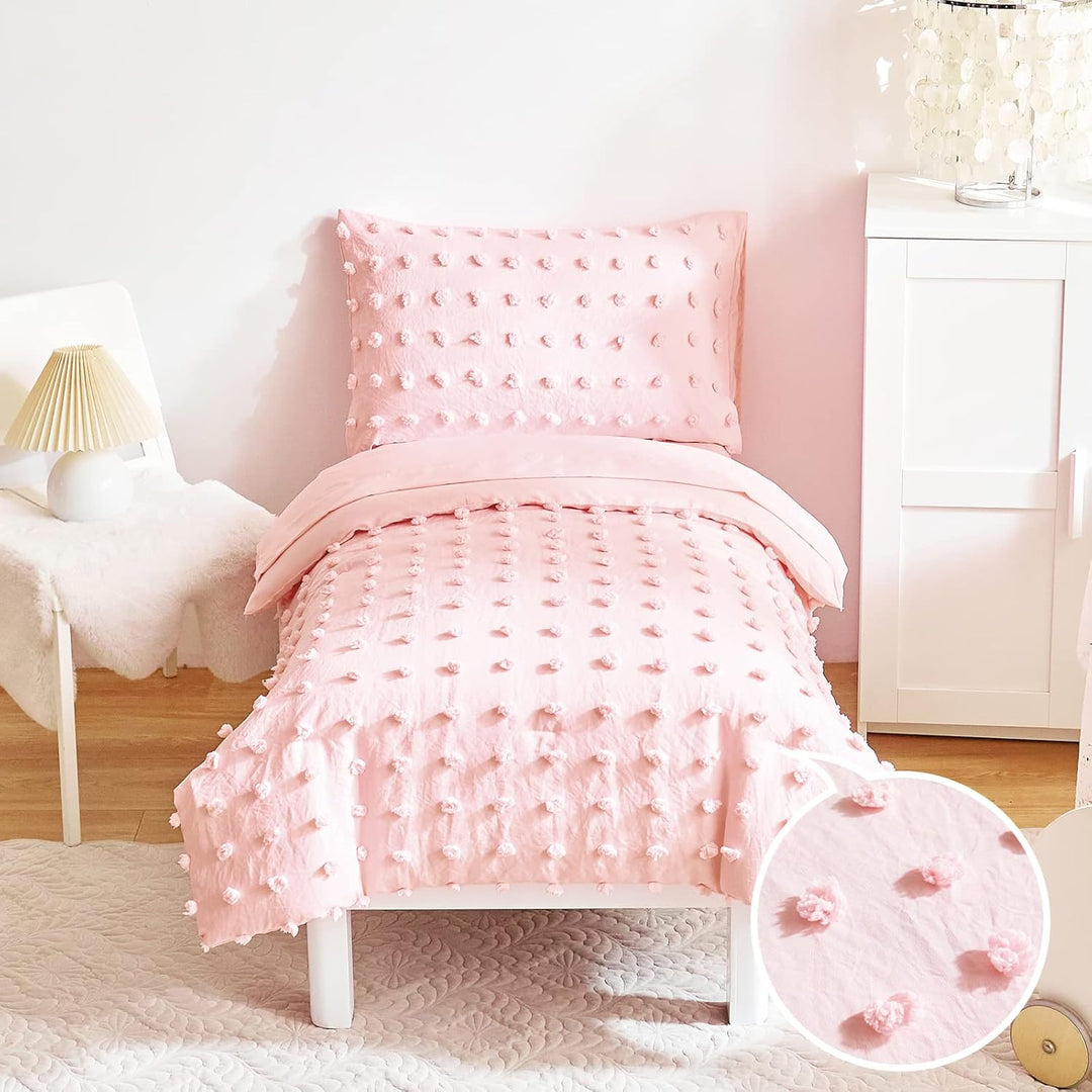 4 Pieces Tufted Dots Toddler Bedding Set Solid Pink Jacquard Pom Pom Tufts, Soft and Embroidery Shabby Chic Boho Design for Baby Girls, Includes Comforter, Flat Sheet, Fitted Sheet and Pillowcase - Just Closeouts Canada Inc.