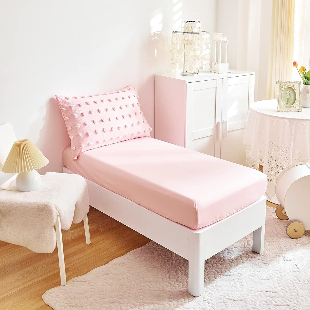 4 Pieces Tufted Dots Toddler Bedding Set Solid Pink Jacquard Pom Pom Tufts, Soft and Embroidery Shabby Chic Boho Design for Baby Girls, Includes Comforter, Flat Sheet, Fitted Sheet and Pillowcase - Just Closeouts Canada Inc.