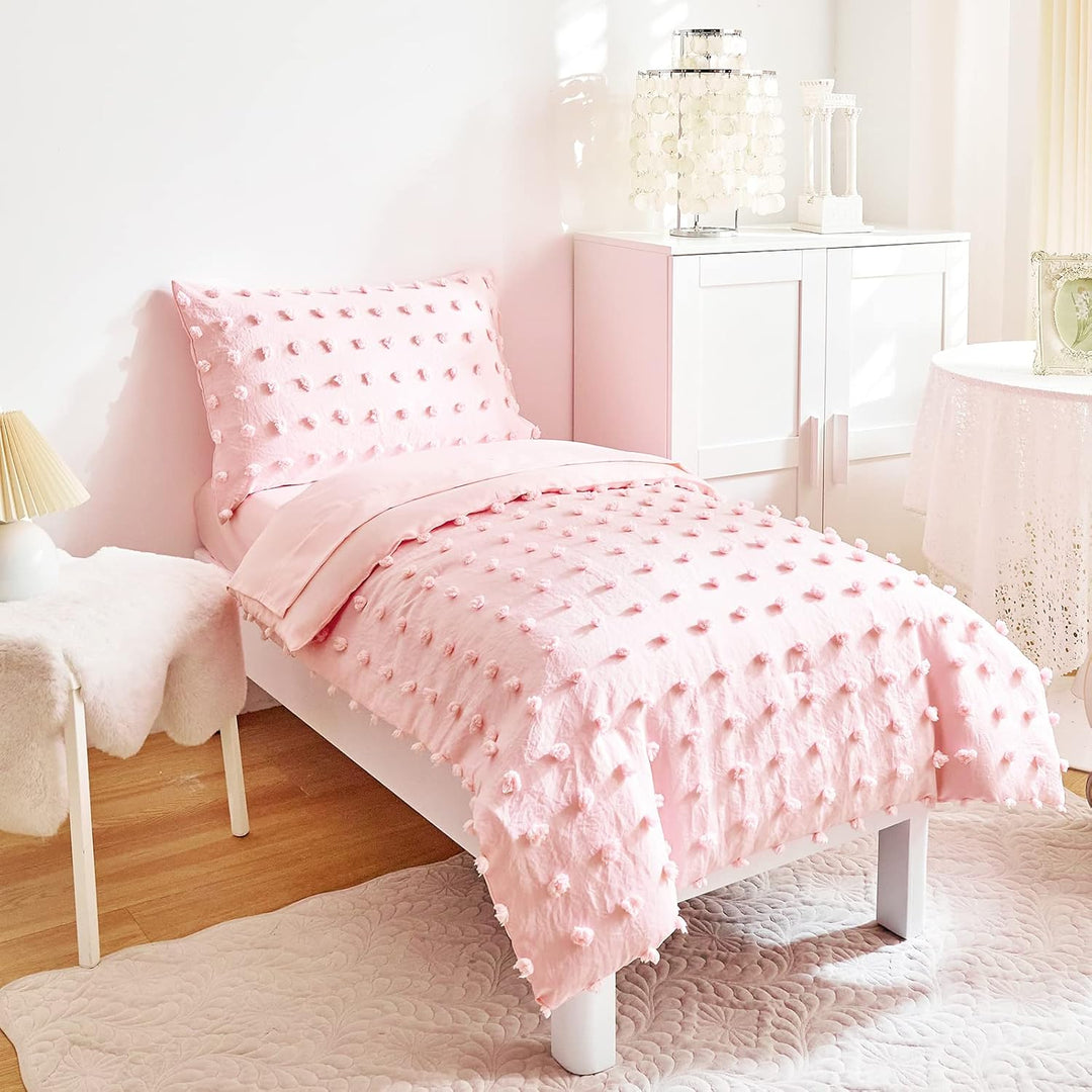 4 Pieces Tufted Dots Toddler Bedding Set Solid Pink Jacquard Pom Pom Tufts, Soft and Embroidery Shabby Chic Boho Design for Baby Girls, Includes Comforter, Flat Sheet, Fitted Sheet and Pillowcase - Just Closeouts Canada Inc.