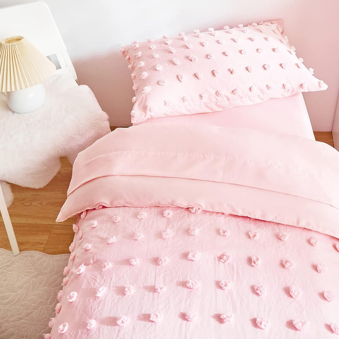 4 Pieces Tufted Dots Toddler Bedding Set Solid Pink Jacquard Pom Pom Tufts, Soft and Embroidery Shabby Chic Boho Design for Baby Girls, Includes Comforter, Flat Sheet, Fitted Sheet and Pillowcase - Just Closeouts Canada Inc.