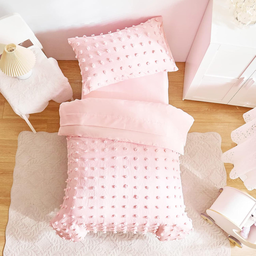 4 Pieces Tufted Dots Toddler Bedding Set Solid Pink Jacquard Pom Pom Tufts, Soft and Embroidery Shabby Chic Boho Design for Baby Girls, Includes Comforter, Flat Sheet, Fitted Sheet and Pillowcase - Just Closeouts Canada Inc.