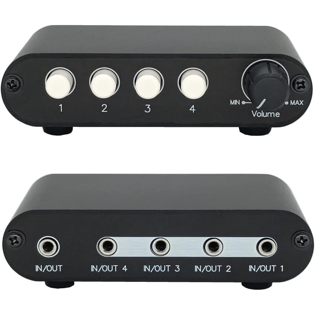 4 - Way 3.5mm Stereo Audio Switch Input Signal Source Switcher Selector Splitter Box with line Volume Controller?4 in 1 Out / 1 port . mm Switch with volume - Just Closeouts Canada Inc.