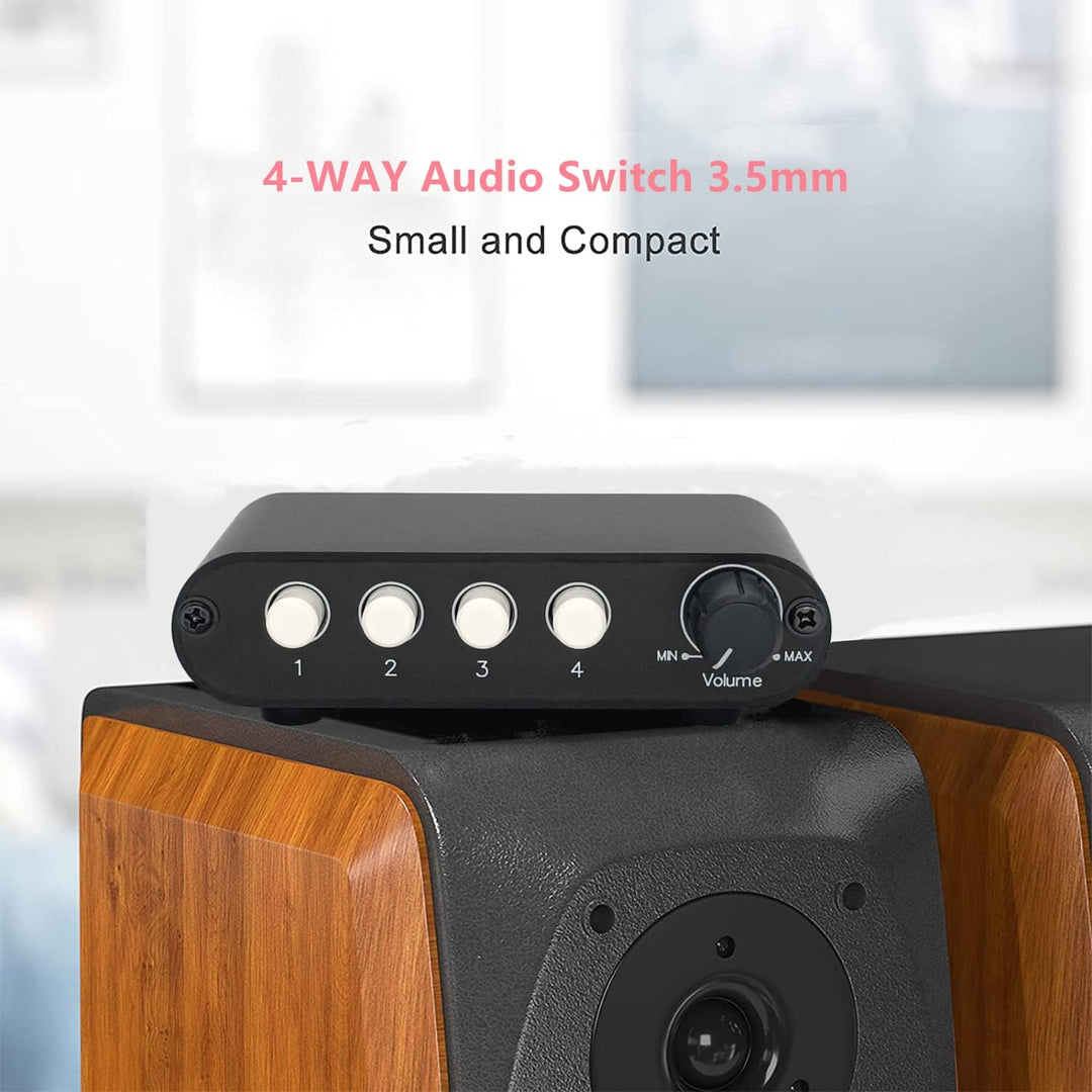 4 - Way 3.5mm Stereo Audio Switch Input Signal Source Switcher Selector Splitter Box with line Volume Controller?4 in 1 Out / 1 port . mm Switch with volume - Just Closeouts Canada Inc.