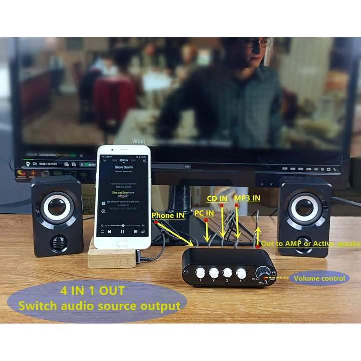 4 - Way 3.5mm Stereo Audio Switch Input Signal Source Switcher Selector Splitter Box with line Volume Controller?4 in 1 Out / 1 port . mm Switch with volume - Just Closeouts Canada Inc.