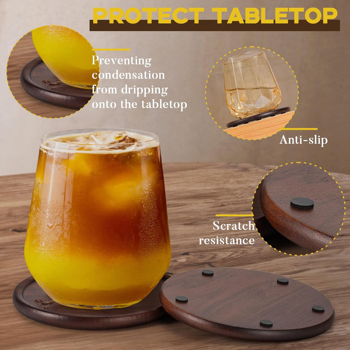 4 Wood Coasters with Metal Holder, GOH DODD Set of 6 Wooden Coaster Set for Drinks Desk Coffee Table Home Kitchen Office Bar, Tabletop Protection Living Room Decor, 4 Inch - Just Closeouts Canada Inc.