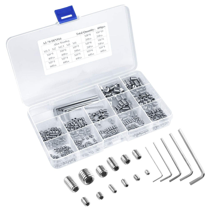 400 Pcs Grub Screws Set Allen Key Screws M3 M4 M5 M6 M8 Stainless Steel Hex Grub Screws Cone Point Set Screw with Key Wrench in PP Box - Just Closeouts Canada Inc.