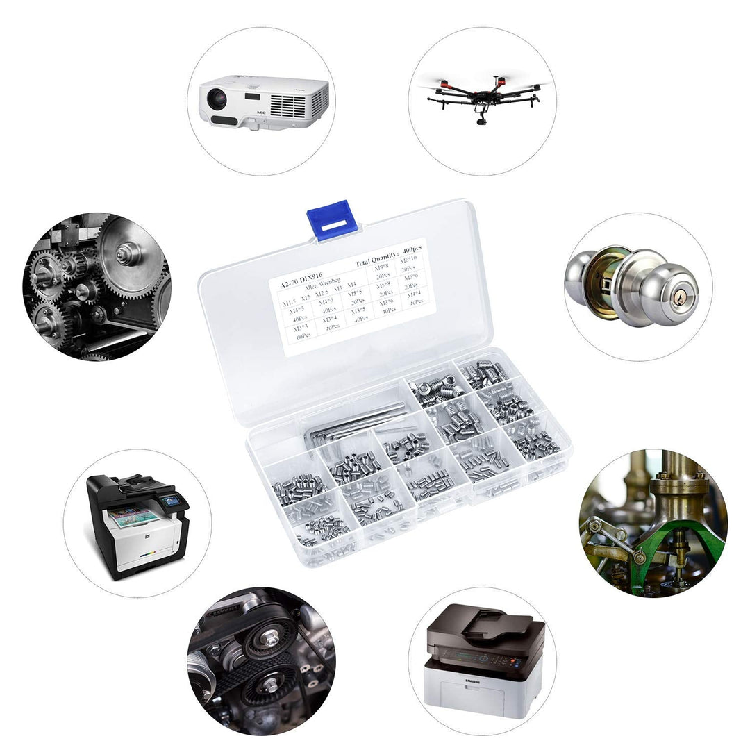 400 Pcs Grub Screws Set Allen Key Screws M3 M4 M5 M6 M8 Stainless Steel Hex Grub Screws Cone Point Set Screw with Key Wrench in PP Box - Just Closeouts Canada Inc.