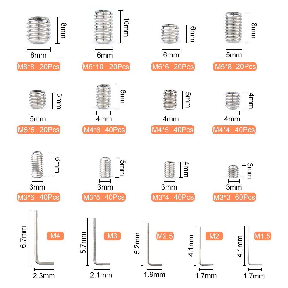 400 Pcs Grub Screws Set Allen Key Screws M3 M4 M5 M6 M8 Stainless Steel Hex Grub Screws Cone Point Set Screw with Key Wrench in PP Box - Just Closeouts Canada Inc.