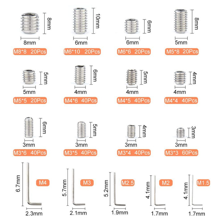 400 Pcs Grub Screws Set Allen Key Screws M3 M4 M5 M6 M8 Stainless Steel Hex Grub Screws Cone Point Set Screw with Key Wrench in PP Box - Just Closeouts Canada Inc.