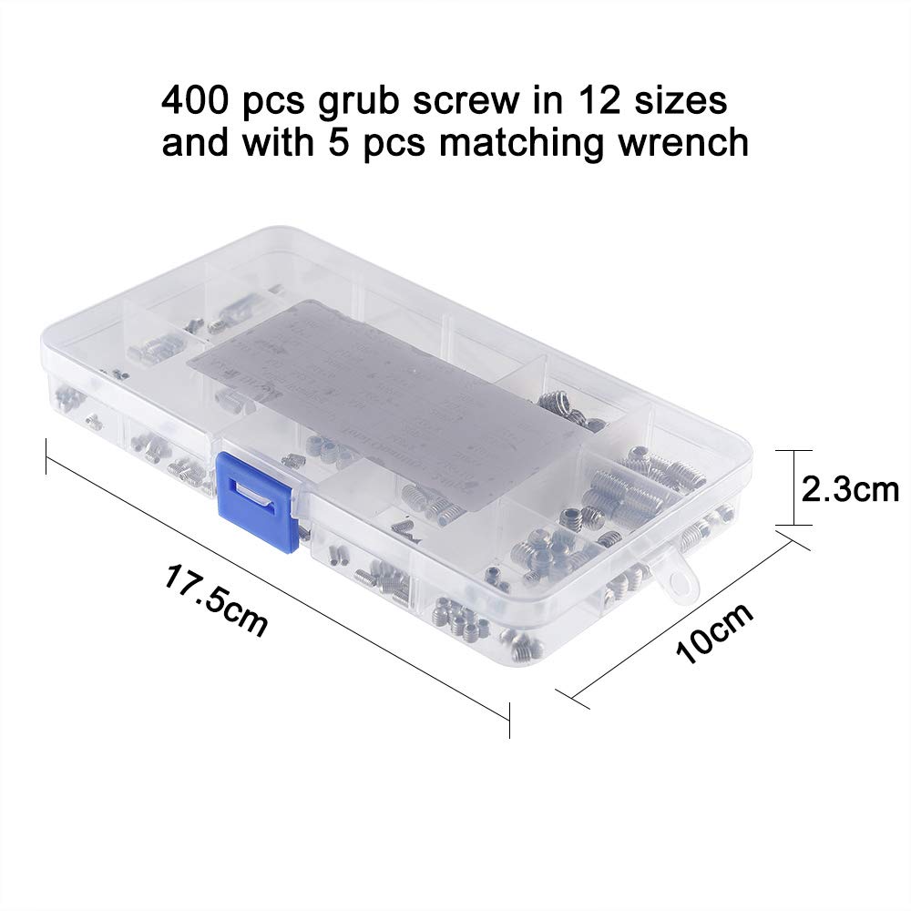 400 Pcs Grub Screws Set Allen Key Screws M3 M4 M5 M6 M8 Stainless Steel Hex Grub Screws Cone Point Set Screw with Key Wrench in PP Box - Just Closeouts Canada Inc.