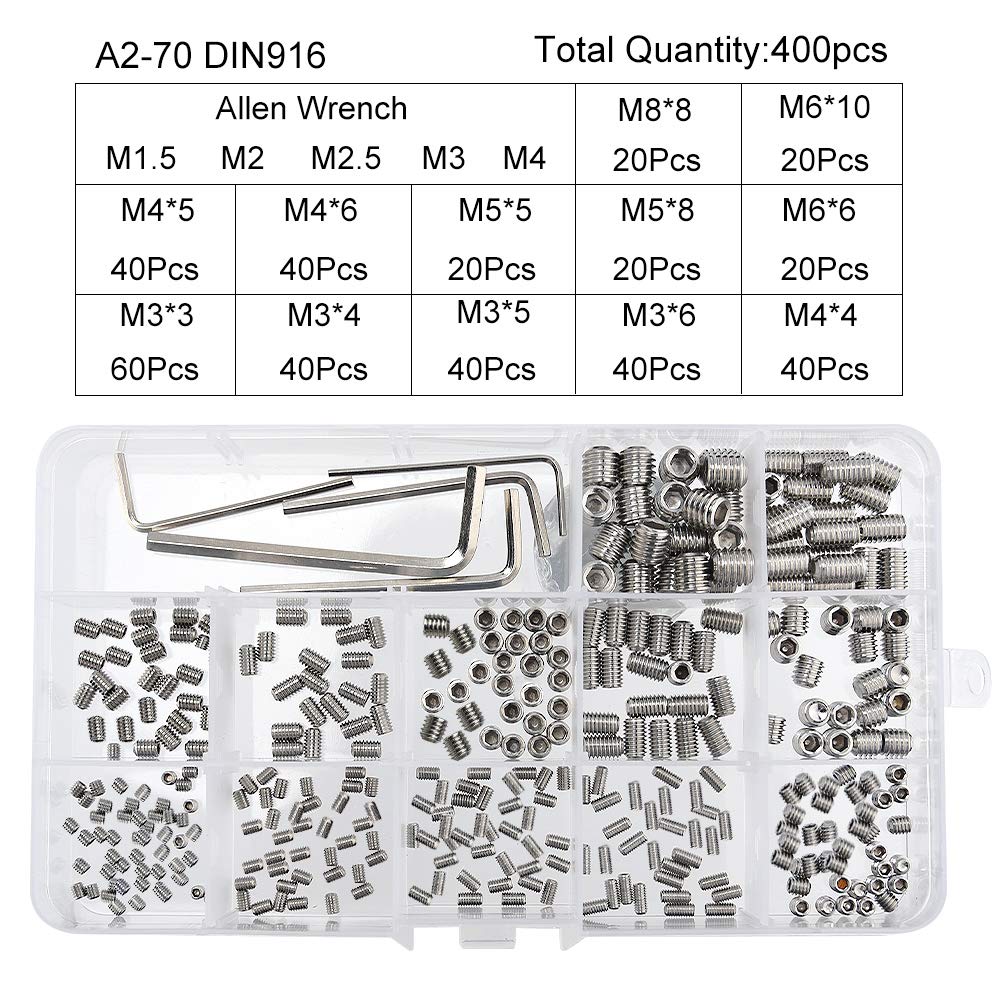 400 Pcs Grub Screws Set Allen Key Screws M3 M4 M5 M6 M8 Stainless Steel Hex Grub Screws Cone Point Set Screw with Key Wrench in PP Box - Just Closeouts Canada Inc.
