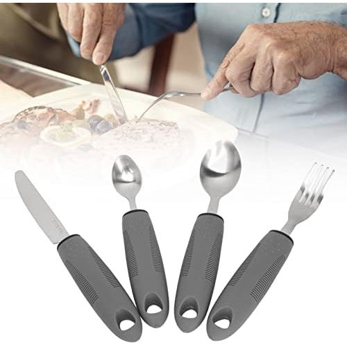Adaptive Utensils, 4 Piece Wide and Weighted Utensils Kitchen Set, Non Slip Handles for Arthritis, Hand Tremors, Parkinson, Adaptive Eating Flatware, Knife, Fork, 2 Spoons