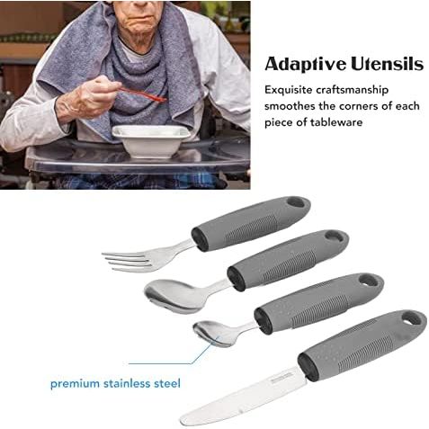 Adaptive Utensils, 4 Piece Wide and Weighted Utensils Kitchen Set, Non Slip Handles for Arthritis, Hand Tremors, Parkinson, Adaptive Eating Flatware, Knife, Fork, 2 Spoons