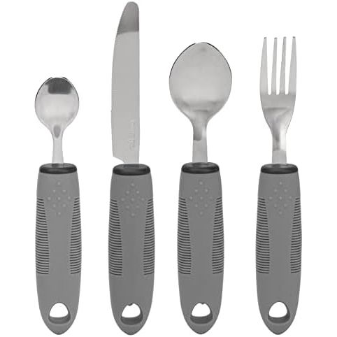 Adaptive Utensils, 4 Piece Wide and Weighted Utensils Kitchen Set, Non Slip Handles for Arthritis, Hand Tremors, Parkinson, Adaptive Eating Flatware, Knife, Fork, 2 Spoons