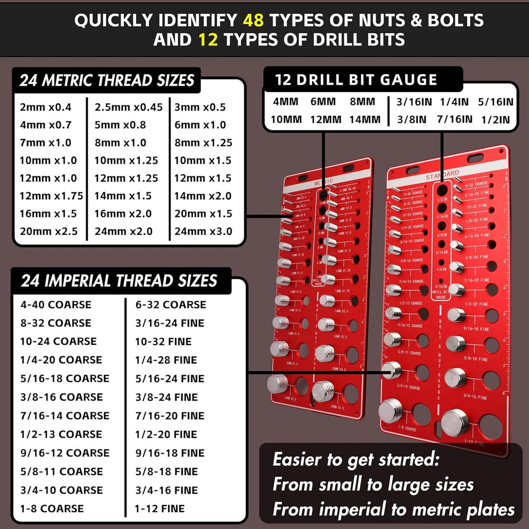 Thread Chefckr 48 Thread Checker, Nut and Bolt Thread Checker, 24 Standard & 24 Metri ...