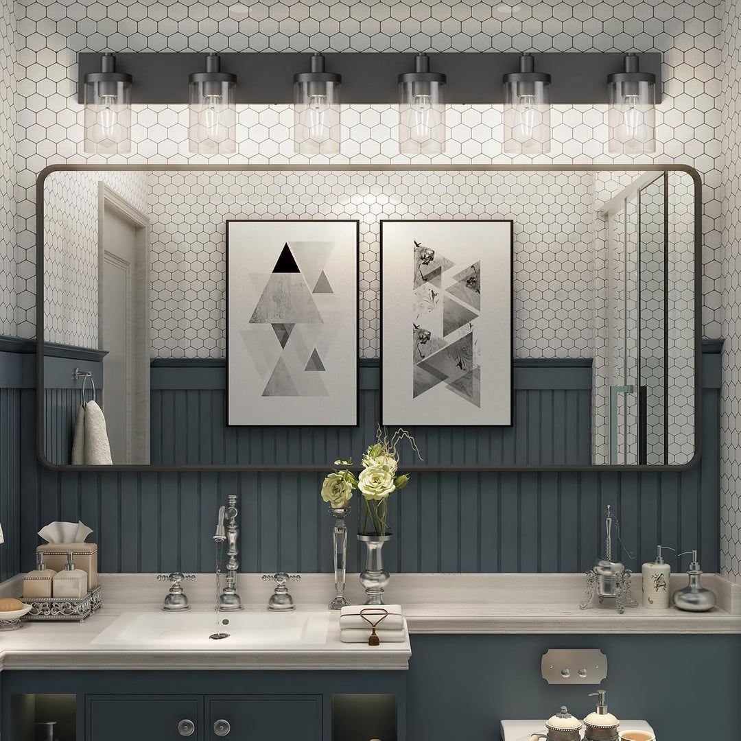 48in Vanity Light Black Bathroom Vanity Lighting Fixtures 6 Light Bathroom Light Fixtures with Clear Glass Shade(Exclude Bulb) - Just Closeouts Canada Inc.X003DZPELZ