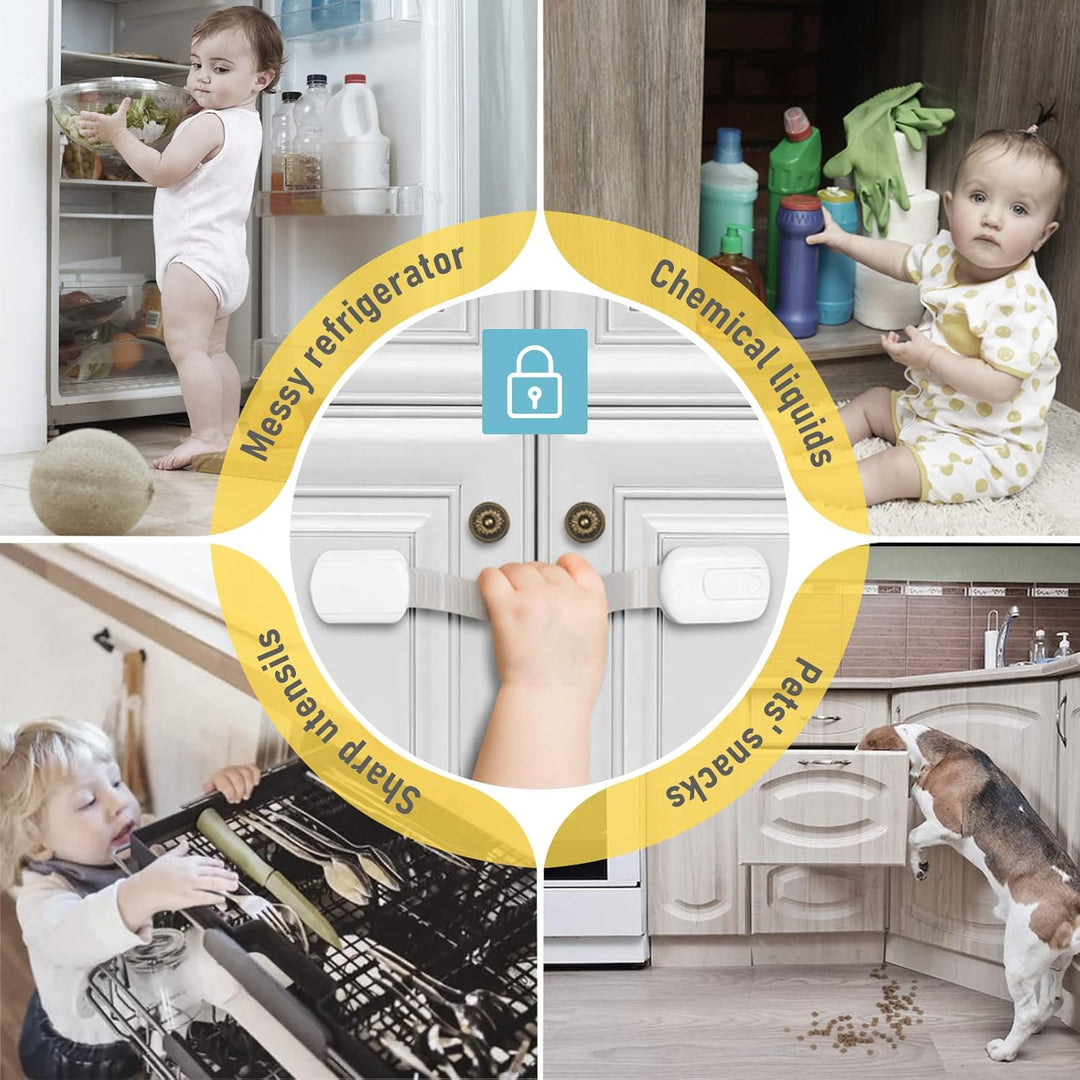 4our Kiddies 10 Pack Baby Proof Cabinet Locks, Child Safety Drawer Locks with 6 Extra 3M Adhesives, Childproof Cabinet Strap Locks for Drawers, Cupboards, Refrigerators, Adjustable No Drilling - Just Closeouts Canada Inc.