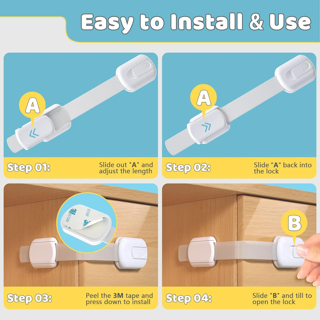 4our Kiddies 10 Pack Baby Proof Cabinet Locks, Child Safety Drawer Locks with 6 Extra 3M Adhesives, Childproof Cabinet Strap Locks for Drawers, Cupboards, Refrigerators, Adjustable No Drilling - Just Closeouts Canada Inc.