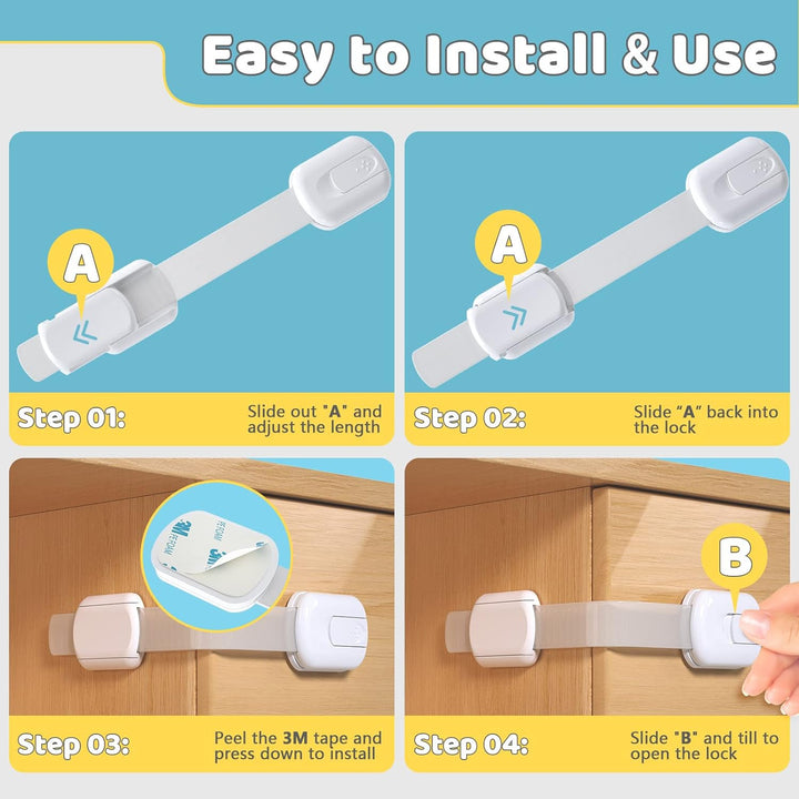 4our Kiddies 10 Pack Baby Proof Cabinet Locks, Child Safety Drawer Locks with 6 Extra 3M Adhesives, Childproof Cabinet Strap Locks for Drawers, Cupboards, Refrigerators, Adjustable No Drilling - Just Closeouts Canada Inc.
