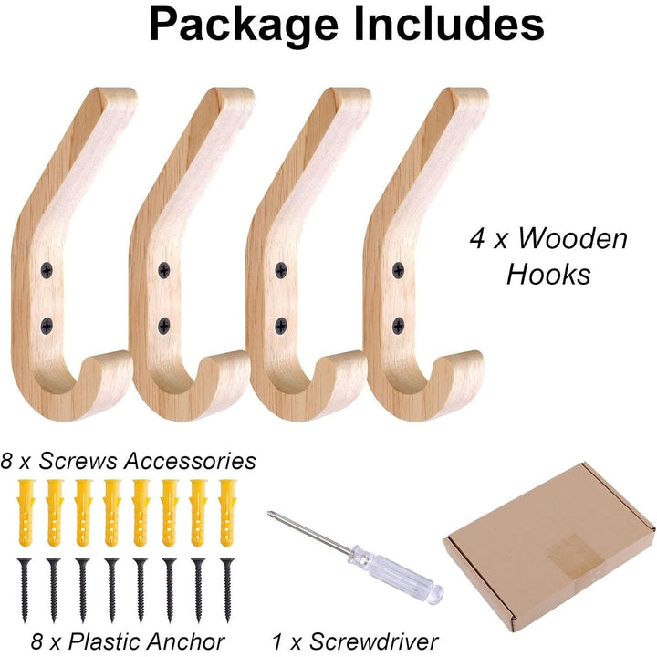 4PC Wooden Coat Hooks, Natural Oak Wood Hooks, Heavy Duty Wall Mounted Hooks, Decorative Vintage Wood Wall Hooks for Hanging Coats, Key, Cap, Scarf, Bag, Towel - Just Closeouts Canada Inc.
