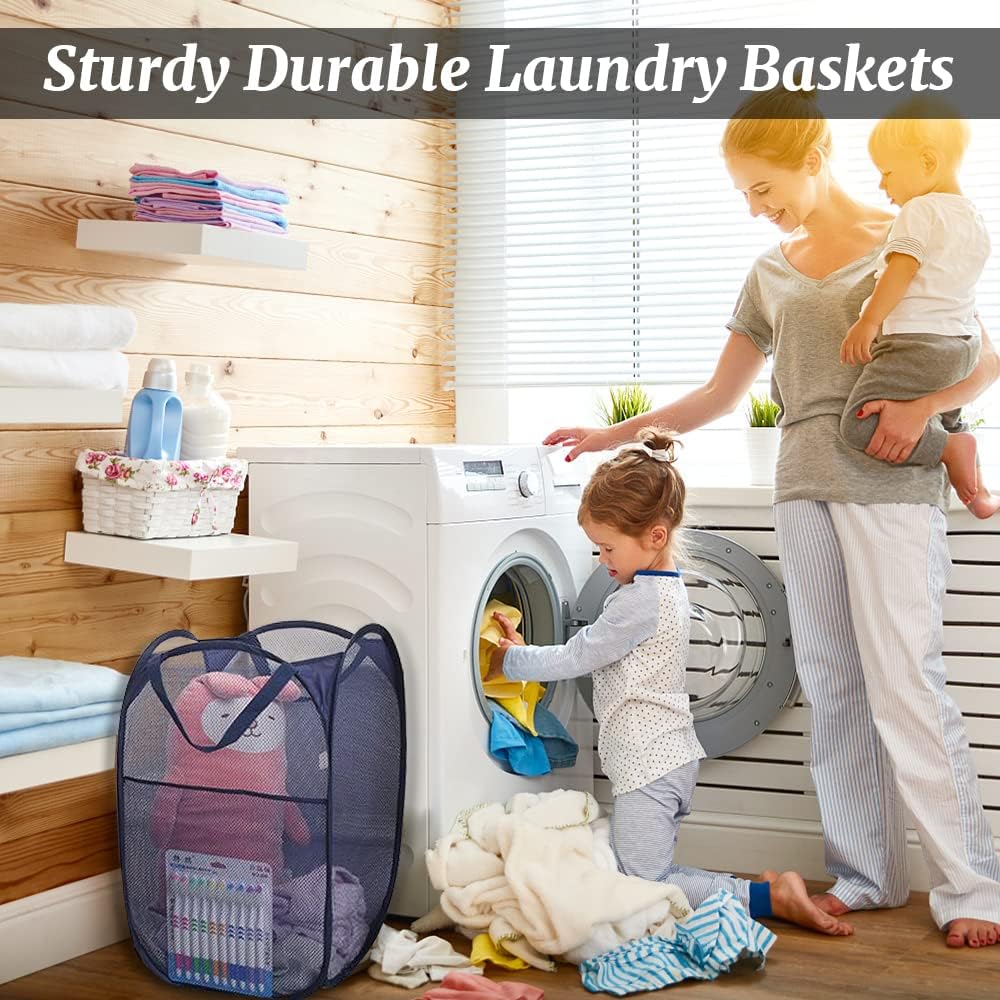 4Pcs Mesh Pop Up Laundry Hamper, Foldable Pop Up Hamper, Collapsible Laundry Basket with Carry Handles, Portable Dirty Clothes Basket with 4 Wash Bags, Mesh Hamper for Bedroom Dorm Travel - Just Closeouts Canada Inc.