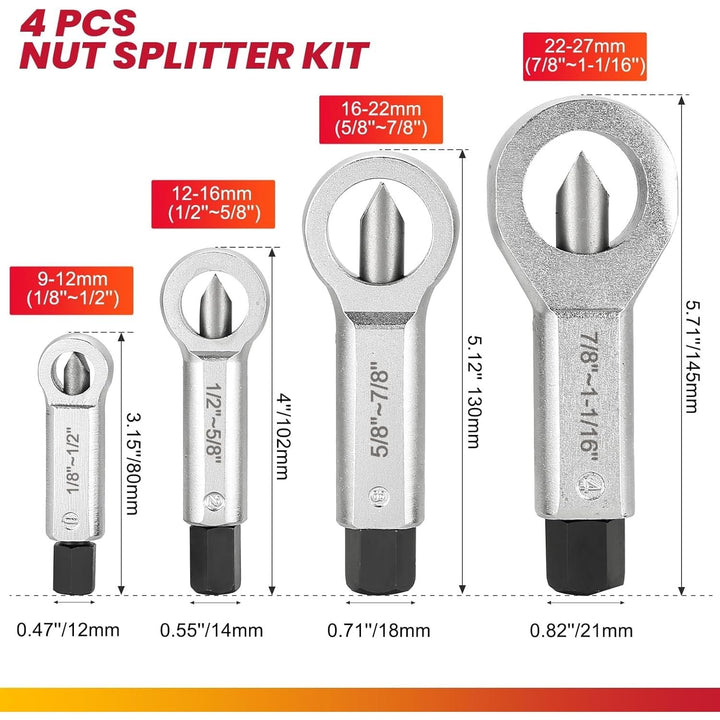4PCS Metal Nut Splitter Set Heavy Duty Nut Splitter Kit Splitter Breaker Manual Pressure Nut Cracker Remover Extractor Tool Corroded Stuck Screw Nut Removal Splitting Tools - Just Closeouts Canada Inc.