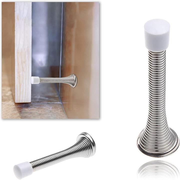4X Spring Door Stoppers (Silver) - Screw-in Flexible Steel Stoppers with White Rubber Bumper Tips - Protect Walls from Bumps, Marks and Damages - Kid and Pet Safe - for Homes, Offices - Just Closeouts Canada Inc.