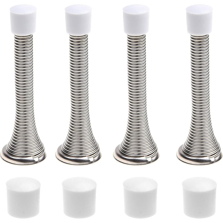 4X Spring Door Stoppers (Silver) - Screw-in Flexible Steel Stoppers with White Rubber Bumper Tips - Protect Walls from Bumps, Marks and Damages - Kid and Pet Safe - for Homes, Offices - Just Closeouts Canada Inc.