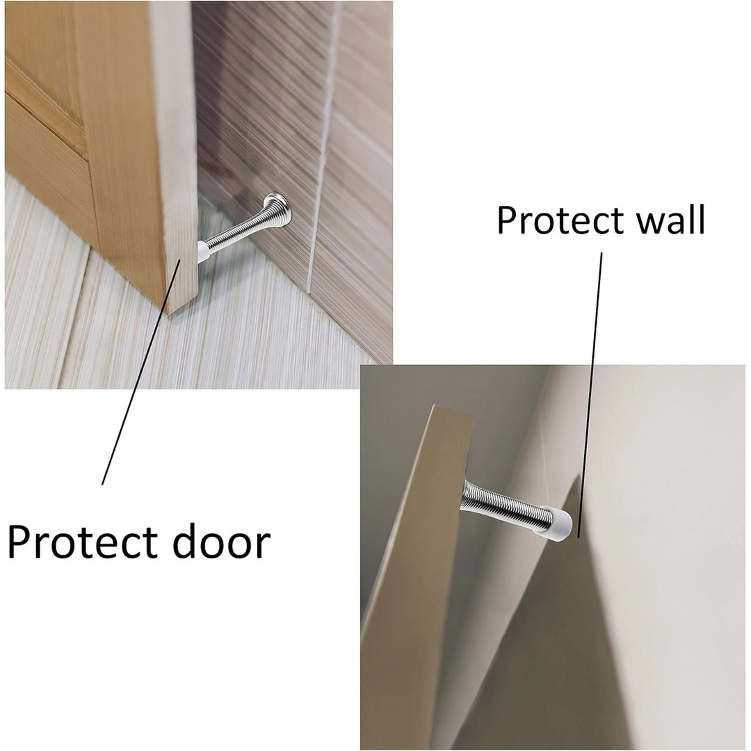 4X Spring Door Stoppers (Silver) - Screw-in Flexible Steel Stoppers with White Rubber Bumper Tips - Protect Walls from Bumps, Marks and Damages - Kid and Pet Safe - for Homes, Offices - Just Closeouts Canada Inc.