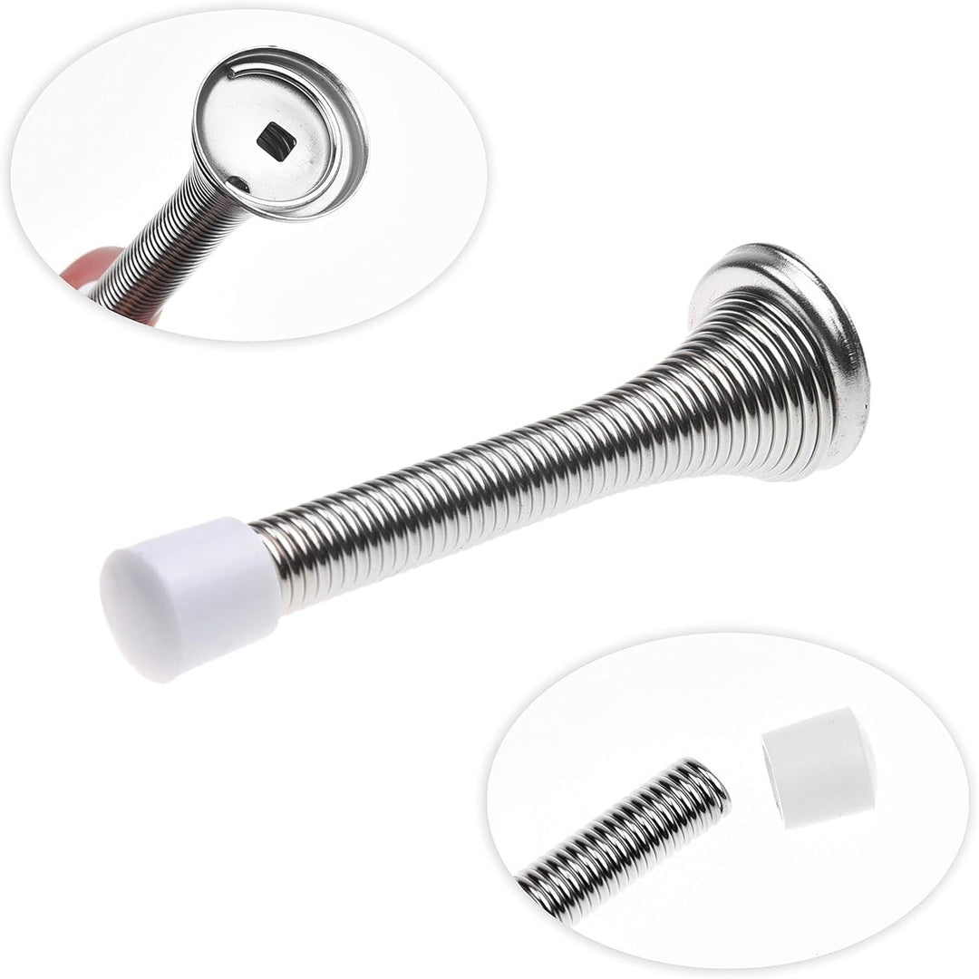 4X Spring Door Stoppers (Silver) - Screw-in Flexible Steel Stoppers with White Rubber Bumper Tips - Protect Walls from Bumps, Marks and Damages - Kid and Pet Safe - for Homes, Offices - Just Closeouts Canada Inc.
