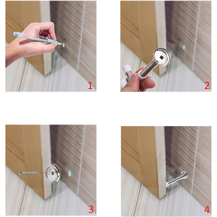 4X Spring Door Stoppers (Silver) - Screw-in Flexible Steel Stoppers with White Rubber Bumper Tips - Protect Walls from Bumps, Marks and Damages - Kid and Pet Safe - for Homes, Offices - Just Closeouts Canada Inc.