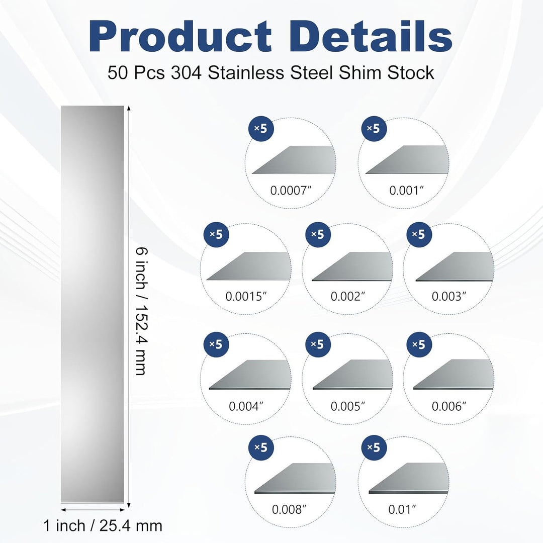 50 Pcs Shim Stock Assortment, 304 Stainless Steel 1" Width x 6" Length Metal Shims for Leveling, Gap Filler Trim Strip, DIY & Industrial Use (0.001" - 0.01" Thickness) - Just Closeouts Canada Inc.
