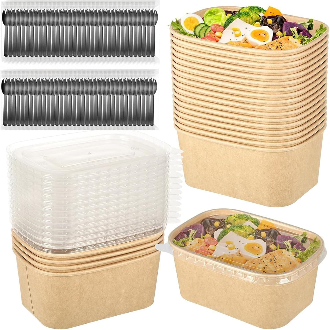 50 Set Kraft Paper Bowls with Lids & Individually Wrapped Forks, 33oz/1000ml Non - Spill Rectangle Disposable Food Soup Containers Party Supplies Treat Bowl for Lunch Box Fruit Salad Noodle Picnic - Just Closeouts Canada Inc.