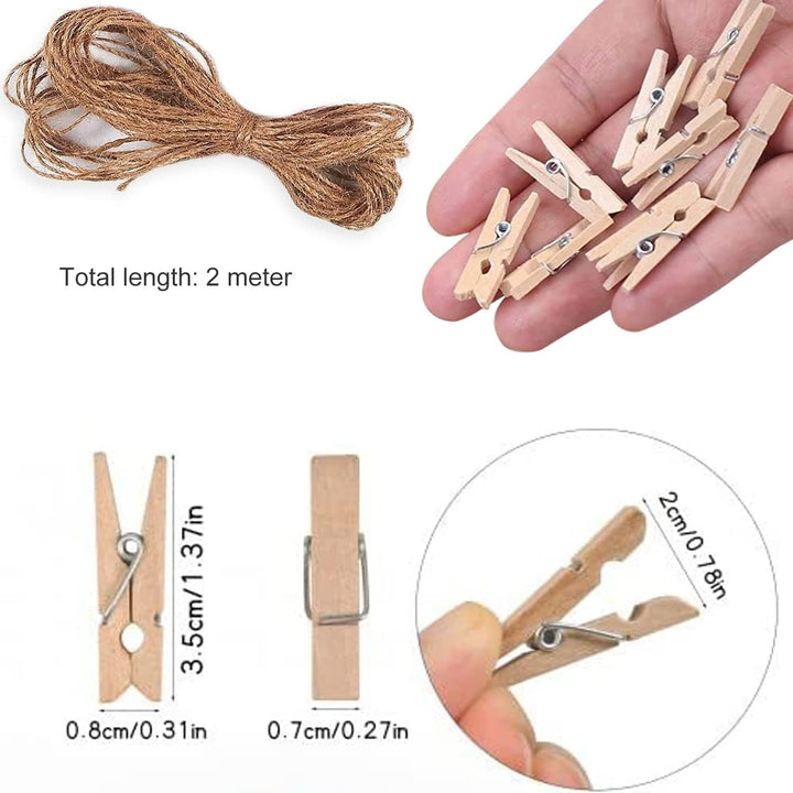 50Pcs Mini Clothespins, Natural Wooden Photo Clips, Small Wooden Clothes Pins Clip and 2 Meters Jute Twines, Tiny Wood Clamp with Spring for Peg Paper, Photo Wall, Postcard, Hanging Arts Crafts Decor - Just Closeouts Canada Inc.