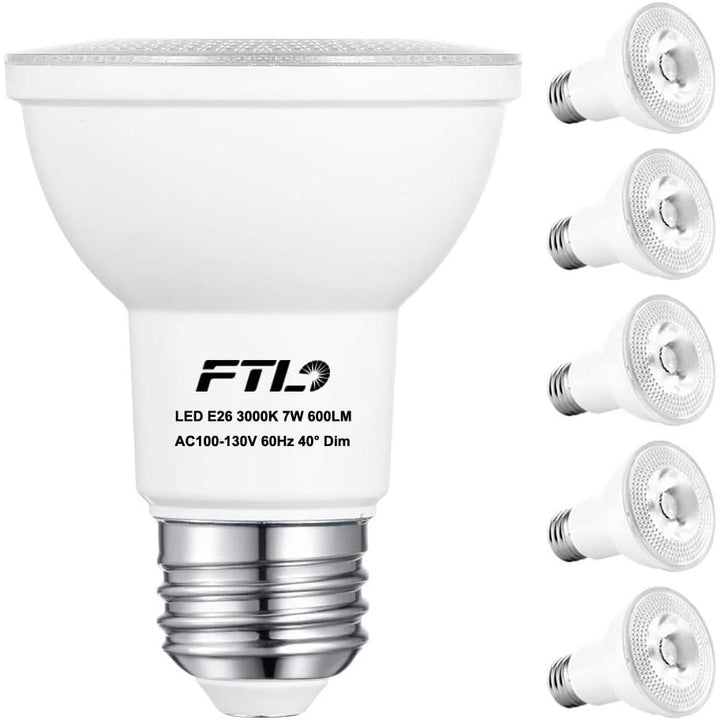 PAR20 LED Flood Light Dimmable 5000K Daylight White 7W E26 Spot (50W Halogen Equivalent) 600LM 40 Degree Indoor Recessed Track Lighting Bulbs 6-Pack