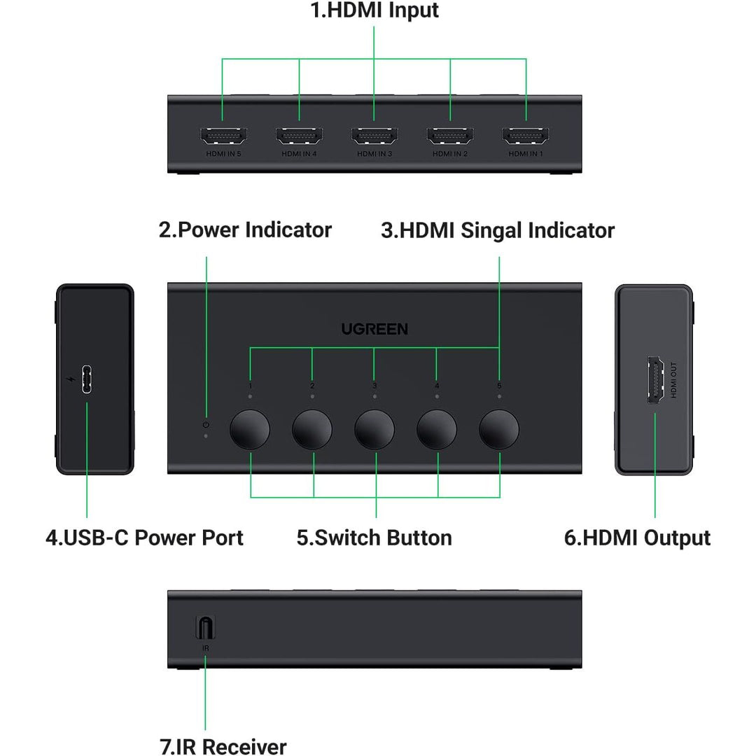 HDMI Switch 5 in 1 Out 4K@60Hz, HDMI 2.0 Switcher 5 Port with IR Remote Selector Box 4K HDR 3D Dolby Vision Atmos CEC HDCP2.2, Compatible with PS5 4 3 Xbox Switch TV Black