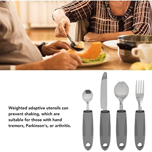 Adaptive Utensils, 4 Piece Wide and Weighted Utensils Kitchen Set, Non Slip Handles for Arthritis, Hand Tremors, Parkinson, Adaptive Eating Flatware, Knife, Fork, 2 Spoons