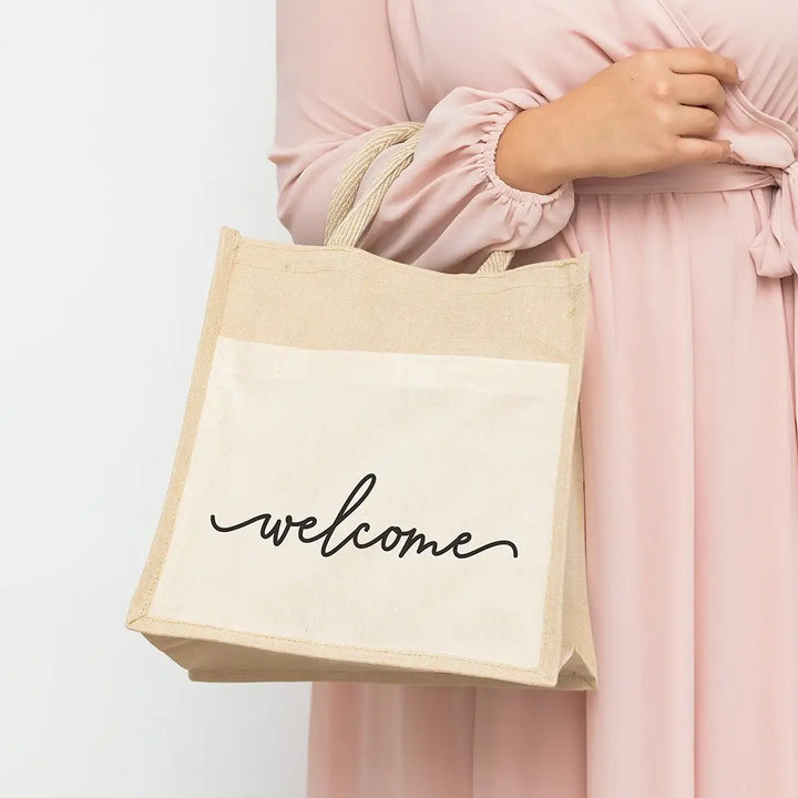 Medium Reusable Woven Jute Tote Bag With Pocket - Welcome, 5315-49
