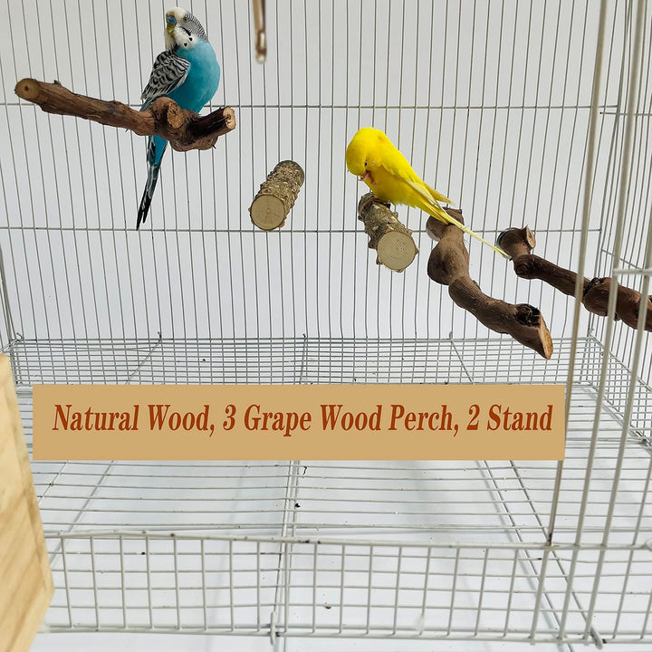 5PCS Bird Perch Stand Natural Wooden Parrot Stand Branch,3 Grape Wood Perch,2 Stand,Paw Grinding Fork Parakeet Chewing Stick Exercise Training Branches for Cockatiels,Small Medium Birds - Just Closeouts Canada Inc.