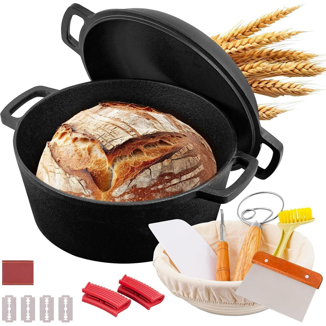 5QT Cast Iron Dutch Oven with Lid and with Double Handle for Bread Baking,Cast Iron Skillet Cooking Pan Heat Resistant,Non - Stick, Includes Bread Baking Supplies and Cleaning Brush. - Just Closeouts Canada Inc.