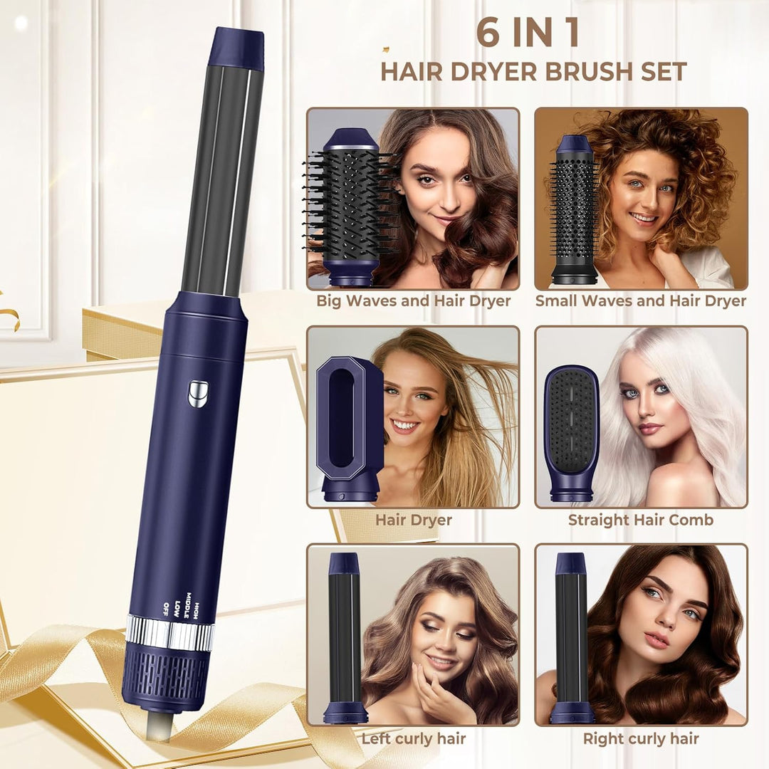 6 in 1 Blow Dryer Brush, Auto Air Hair Curler Wrap, Ionic Thermal Brush, Massage Oval Hair Dryer Brush, Hair Straightener, Blow Dryer, Blue Silver - Just Closeouts Canada Inc.