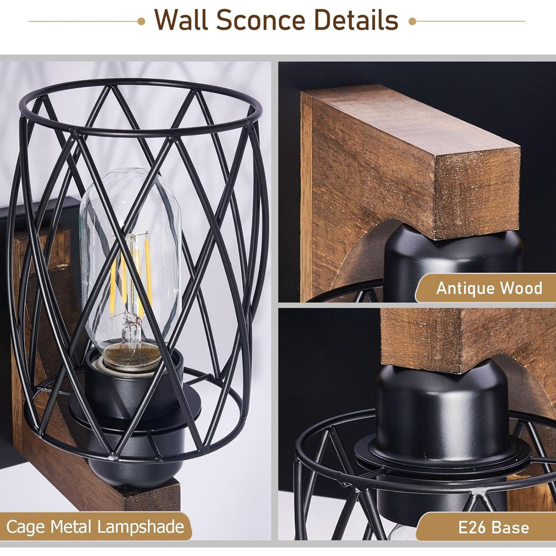 6 - Light Farmhouse Bathroom Light Fixtures, Wood Bathroom Lighting Fixtures Over Mirror, Black Vanity Light Fixture with Cage Metal Shade, Vintage Rustic Vanity Light for Bathroom, Hallway - Just Closeouts Canada Inc.