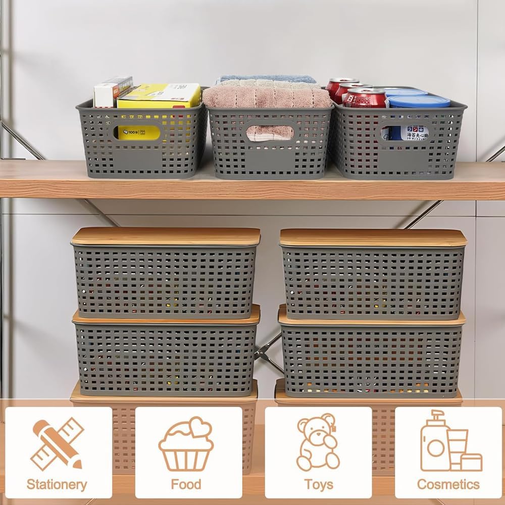 6 pcs Storage Bins with Bamboo Lids - Plastic Storage Containers with Lids Stackable Storage Box Baskets for Organizing Shelves Drawers Desktop Closet Office - Just Closeouts Canada Inc.