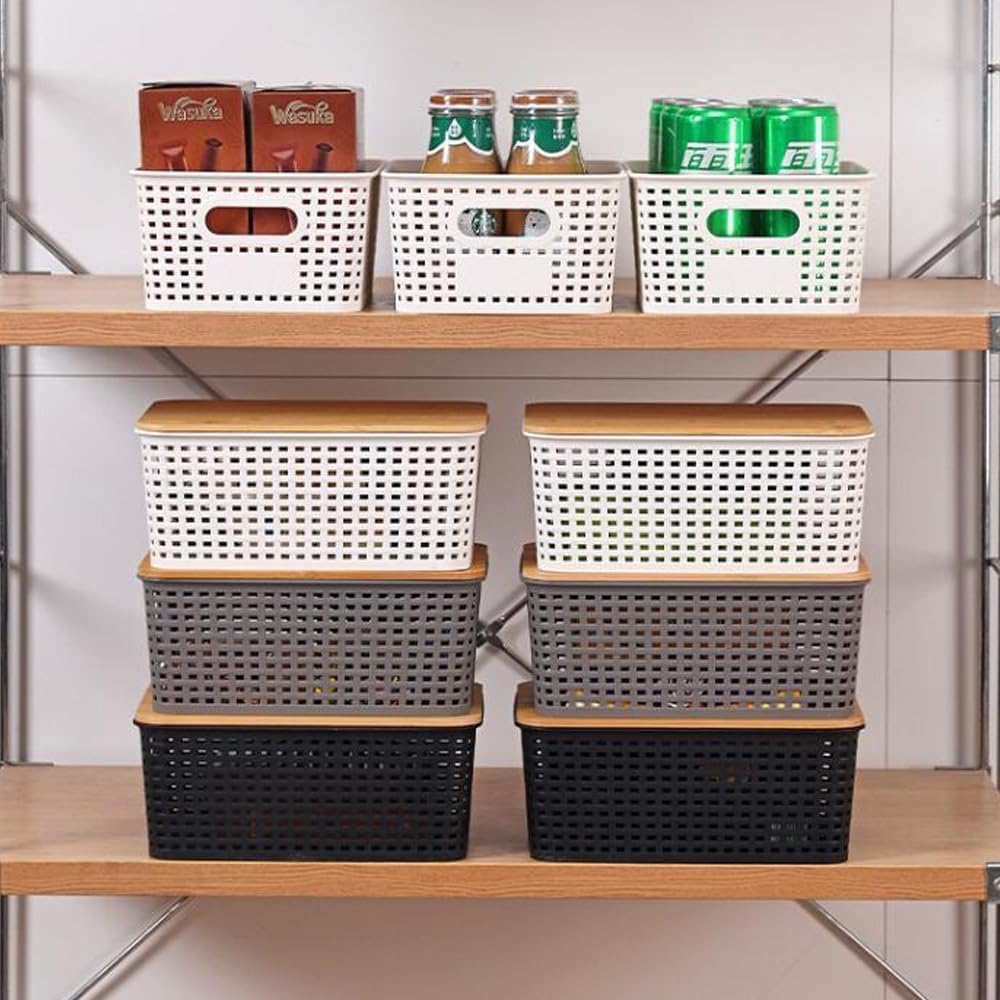 6 pcs Storage Bins with Bamboo Lids - Plastic Storage Containers with Lids Stackable Storage Box Baskets for Organizing Shelves Drawers Desktop Closet Office - Just Closeouts Canada Inc.