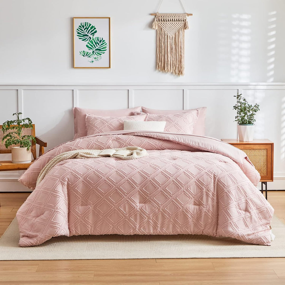 6 Pieces Tufted Bed in a Bag Twin Comforter Set with Sheets Blush, Soft and Embroidery Shabby Chic Boho Bohemian, Luxury Solid Color Diamond Pattern, Jacquard Tufts Bedding for Kids Girls, Blush Pink - Just Closeouts Canada Inc.