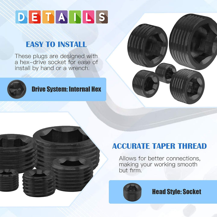 60 Carbon-Steel NPT Hex-Socket Pipe Plugs, 5 Sizes - Just Closeouts Canada Inc.