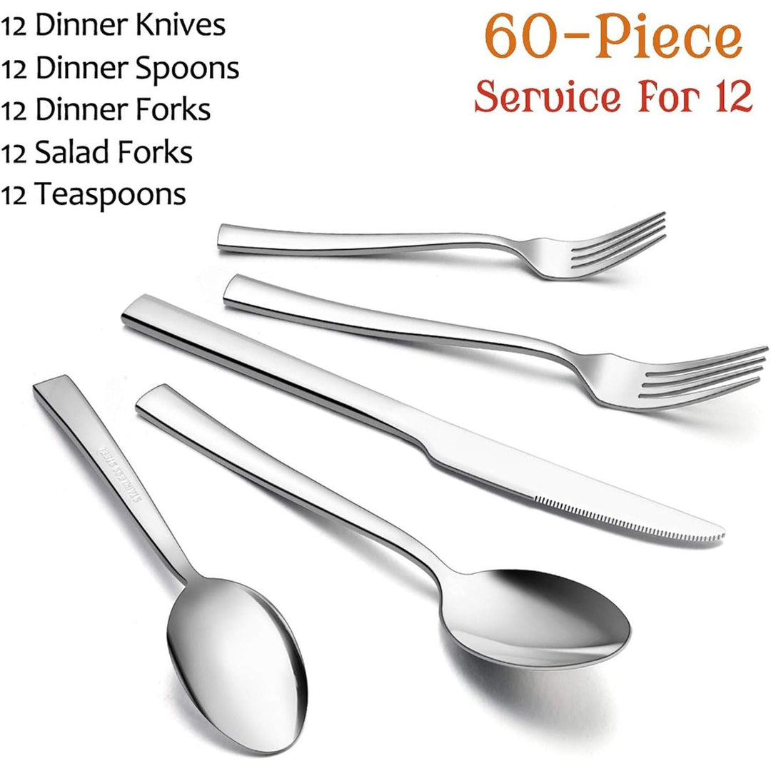 60 - Piece Silverware Set, E - far Stainless Steel Flatware Set Service for 12, Tableware Cutlery Set for Home Restaurant Party, Dinner Forks/Spoons/Knives, Square Edge & Mirror Polished, Dishwasher Safe - Just Closeouts Canada Inc.