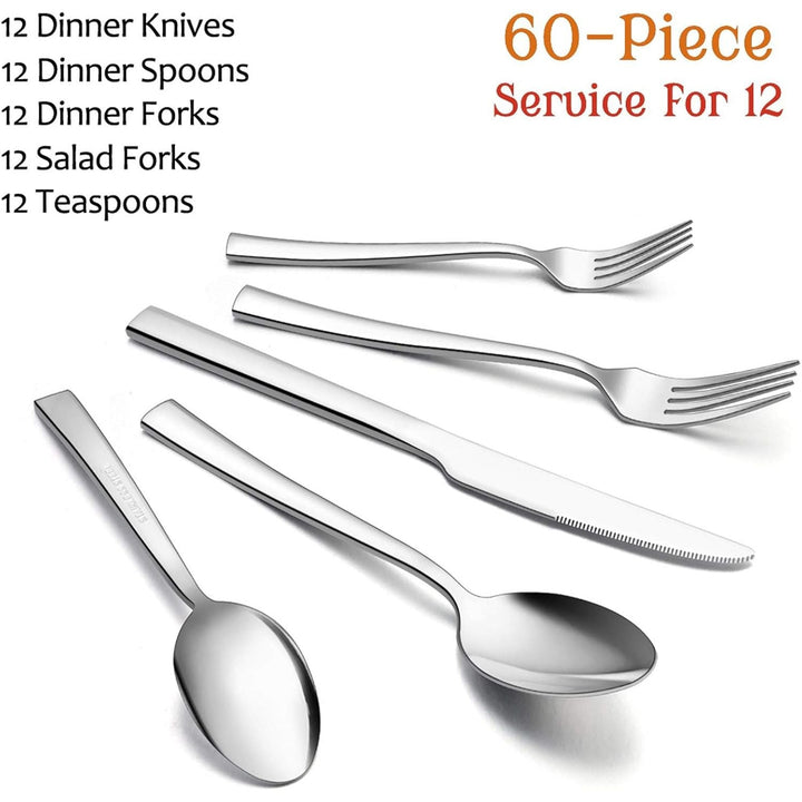 60 - Piece Silverware Set, E - far Stainless Steel Flatware Set Service for 12, Tableware Cutlery Set for Home Restaurant Party, Dinner Forks/Spoons/Knives, Square Edge & Mirror Polished, Dishwasher Safe - Just Closeouts Canada Inc.